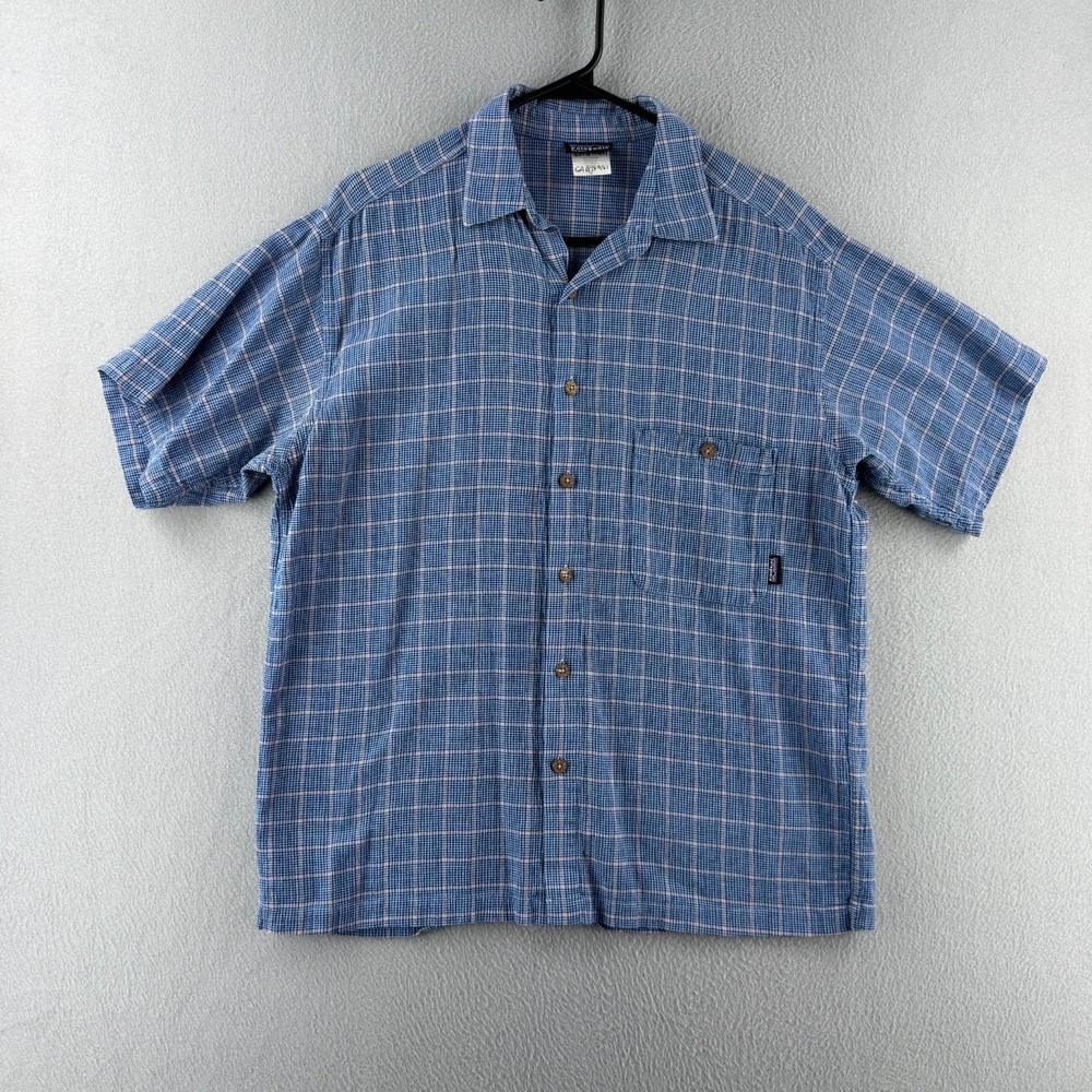 Patagonia Shirt Mens Medium Blue Cotton Button Up Short Sleeve Y2K